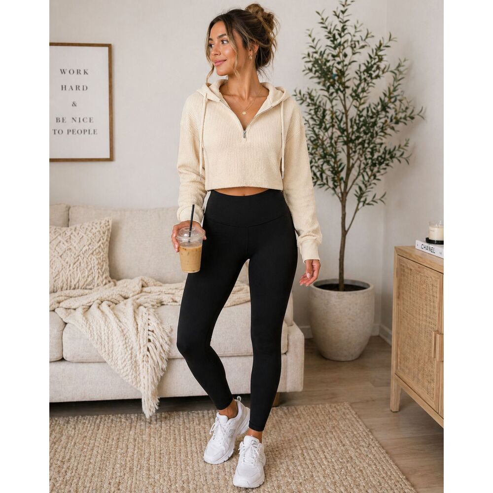 Mono B Cropped Waffle Knit Hoodie Women’s Large Cream Quarter Zip Pullover